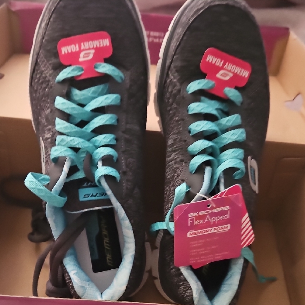 Skechers Charcoal and Aqua Flex Appeal Shoes
